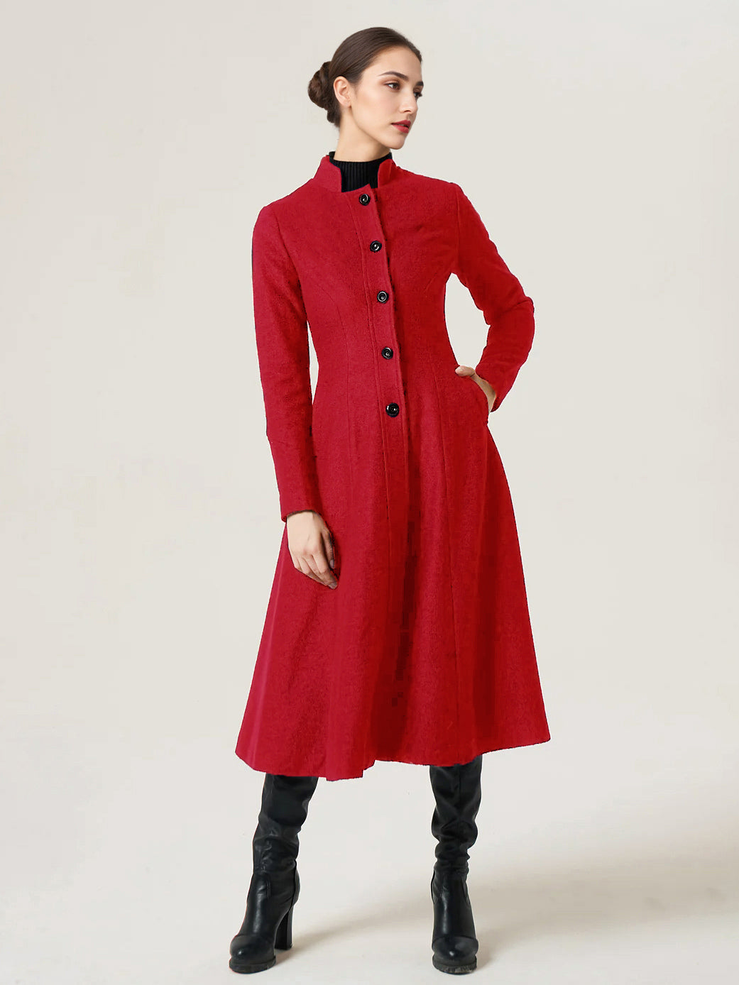Woolen Flared Coat For Woman Stand Collar A-line Elegant Dark Navy Winter Midi Outerwear 2026