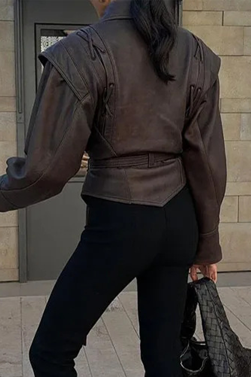 Casual Street Solid Color Lace Up Patchwork Turndown Collar Outerwear