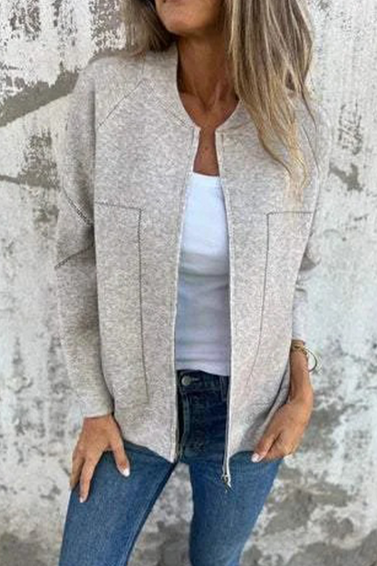 Casual Daily Solid Color Pocket Patchwork Zipper O Neck Outerwear(8 Colors)