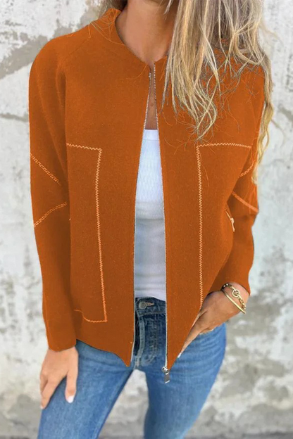 Casual Daily Solid Color Pocket Patchwork Zipper O Neck Outerwear(8 Colors)