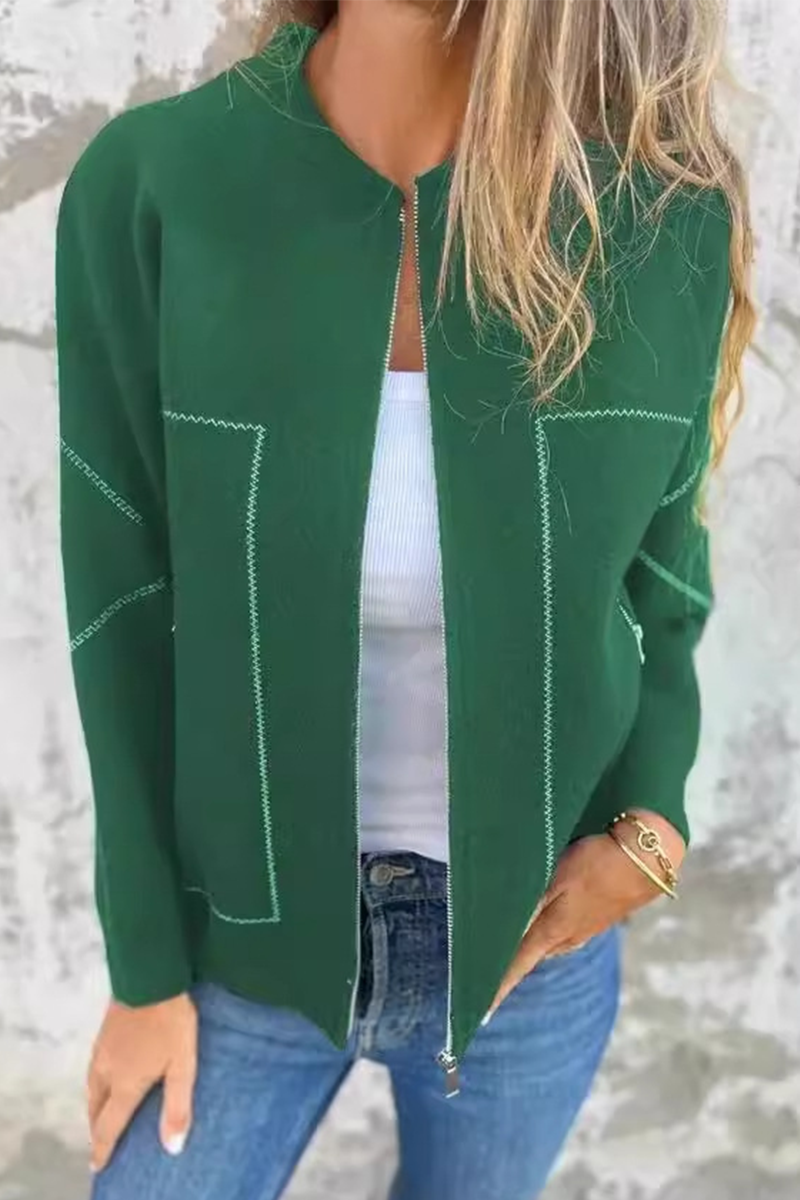 Casual Daily Solid Color Pocket Patchwork Zipper O Neck Outerwear(8 Colors)