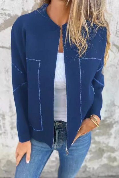 Casual Daily Solid Color Pocket Patchwork Zipper O Neck Outerwear(8 Colors)
