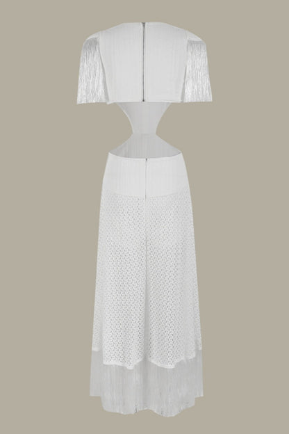 Sexy Vacation Solid Color Fringed Trim Hollow Out Deep V Neck Long Dresses