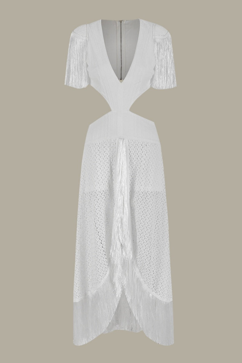 Sexy Vacation Solid Color Fringed Trim Hollow Out Deep V Neck Long Dresses