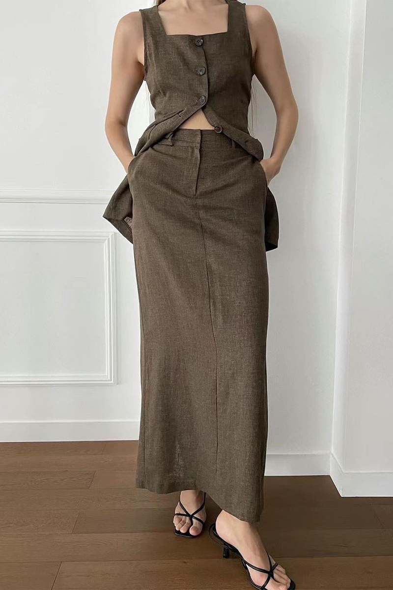 Casual Daily Solid Color Pocket Buttons Square Neck Sleeveless Two Pieces