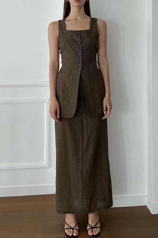 Casual Daily Solid Color Pocket Buttons Square Neck Sleeveless Two Pieces