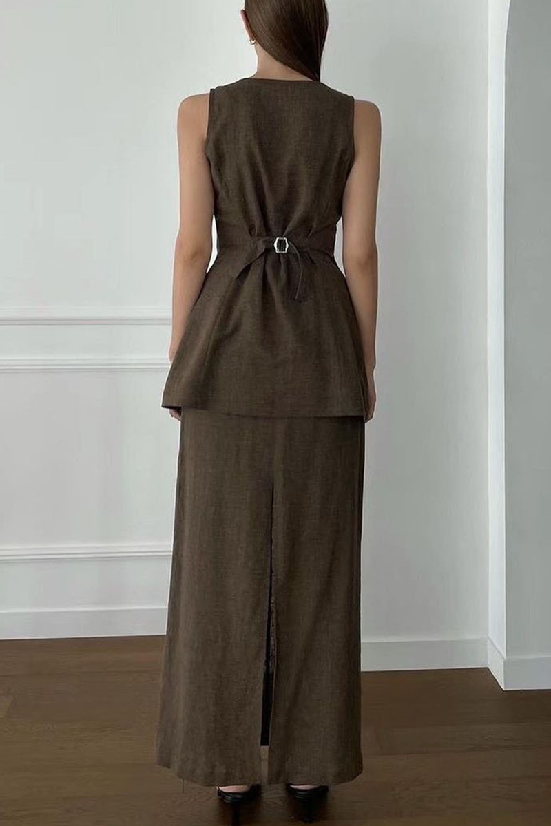 Casual Daily Solid Color Pocket Buttons Square Neck Sleeveless Two Pieces