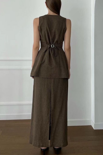 Casual Daily Solid Color Pocket Buttons Square Neck Sleeveless Two Pieces