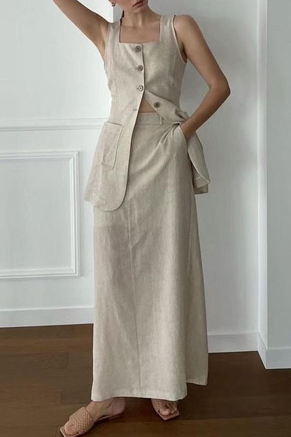 Casual Daily Solid Color Pocket Buttons Square Neck Sleeveless Two Pieces