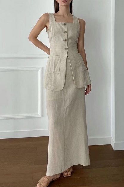 Casual Daily Solid Color Pocket Buttons Square Neck Sleeveless Two Pieces