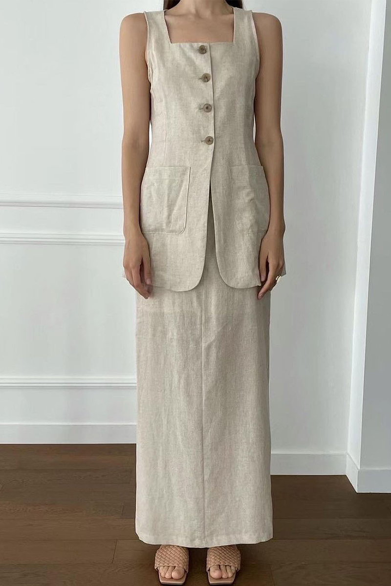 Casual Daily Solid Color Pocket Buttons Square Neck Sleeveless Two Pieces