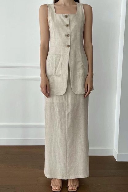 Casual Daily Solid Color Pocket Buttons Square Neck Sleeveless Two Pieces
