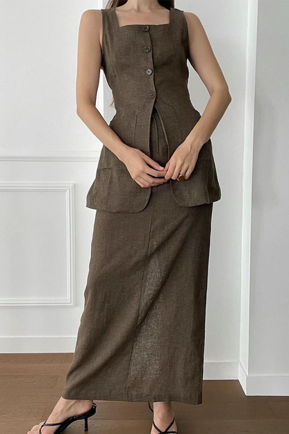 Casual Daily Solid Color Pocket Buttons Square Neck Sleeveless Two Pieces