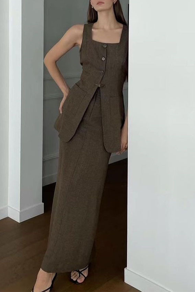 Casual Daily Solid Color Pocket Buttons Square Neck Sleeveless Two Pieces