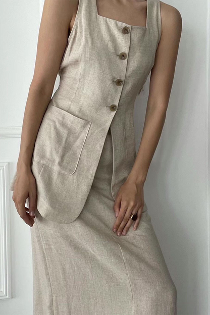 Casual Daily Solid Color Pocket Buttons Square Neck Sleeveless Two Pieces