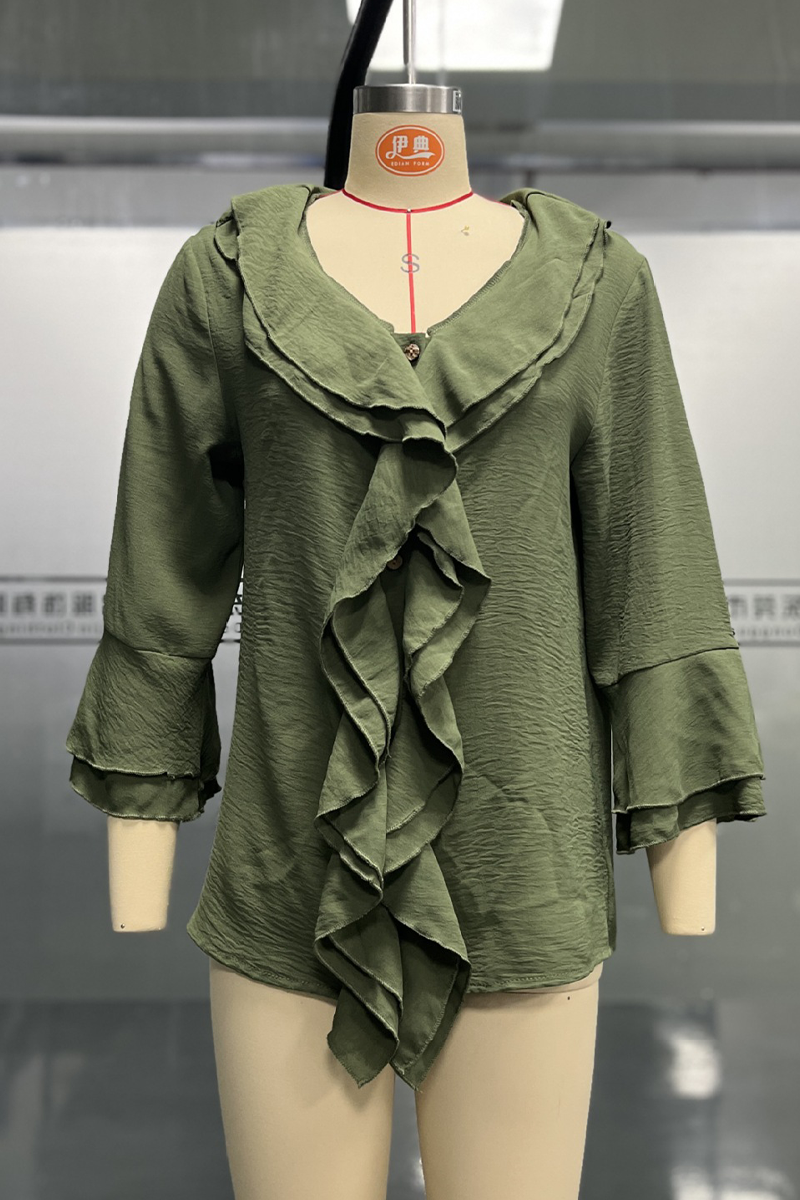 Women's Solid Color Ruffle Blouse – V-Neck Everyday Casual Top
