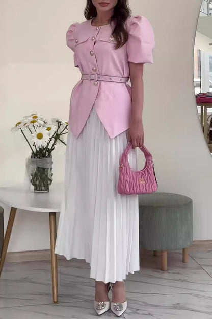 Celebrities Elegant Buttons Patchwork O Neck Short Sleeve Two Pieces(4 Colors)