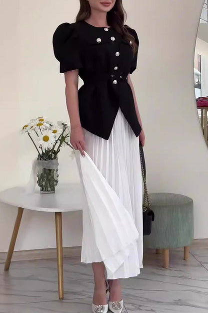 Celebrities Elegant Buttons Patchwork O Neck Short Sleeve Two Pieces(4 Colors)