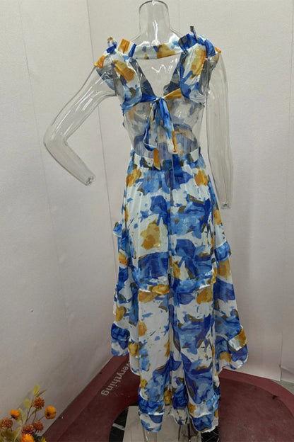 Sexy Floral Print Lace Up Backless Ruffle V Neck Irregular Dresses