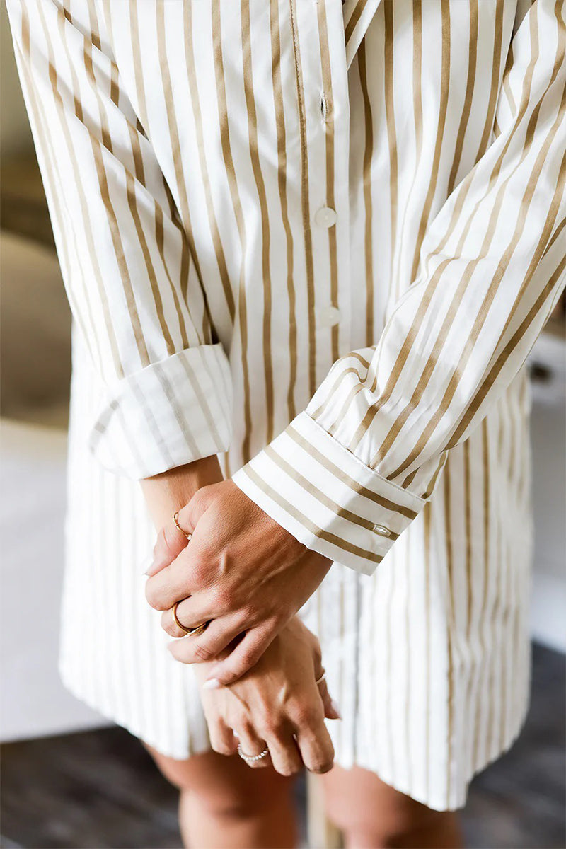 Casual Striped Print Buckle Turndown Collar Shirt Dresses