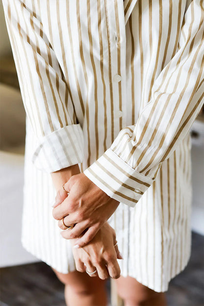 Casual Striped Print Buckle Turndown Collar Shirt Dresses