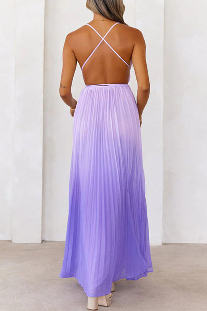 Sexy Gradient Color Lace Up Slit Contrast V Neck Sling Dresses