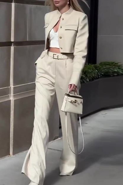 Casual Pocket Buttons O Neck Long Sleeve Two Pieces