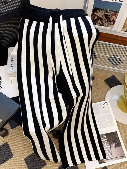 Striped Woolen Wide Elastic Waist Leg Pants - Winter
