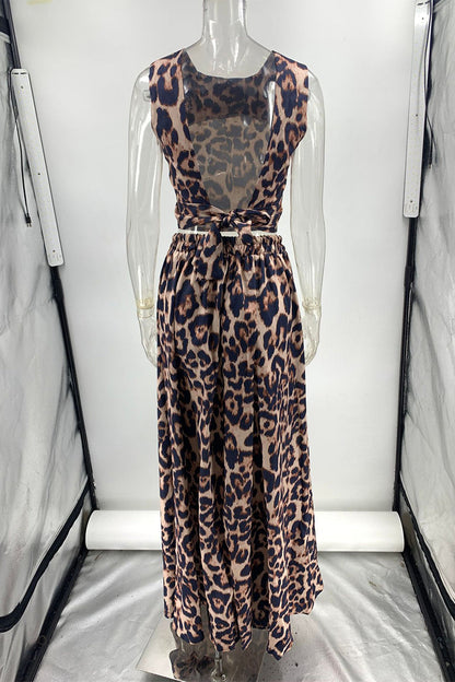 Casual Vacation Leopard Backless Contrast O Neck Sleeveless Two Pieces