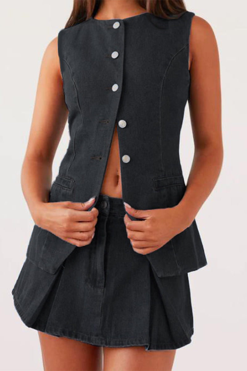 Casual Street Buttons Adjustable O Neck Sleeveless Two Pieces