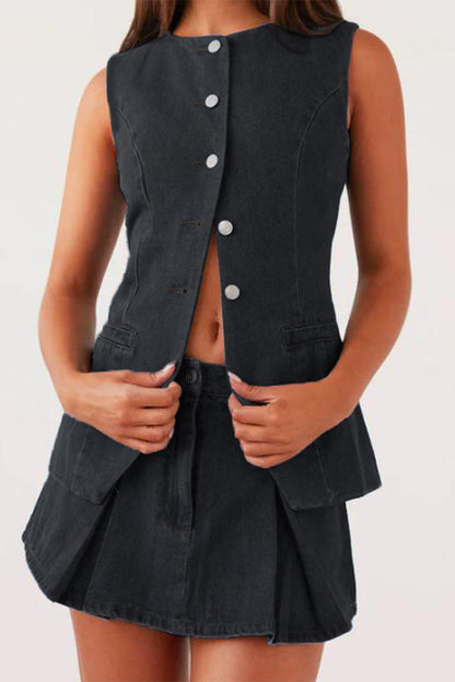 Casual Street Buttons Adjustable O Neck Sleeveless Two Pieces