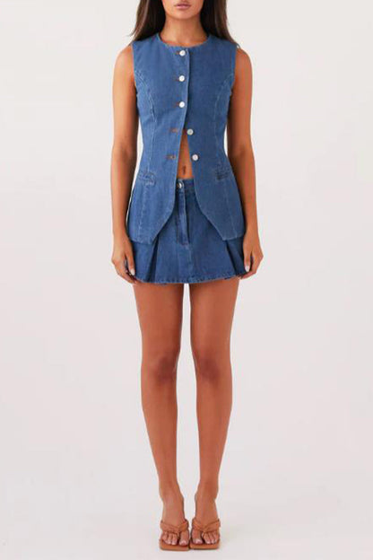 Casual Street Buttons Adjustable O Neck Sleeveless Two Pieces