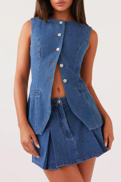 Casual Street Buttons Adjustable O Neck Sleeveless Two Pieces