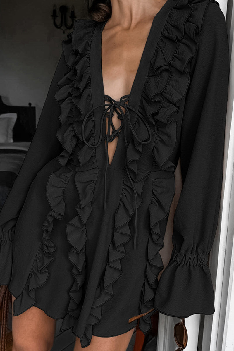 Sexy Lace Up Ruffle V Neck A Line Dresses