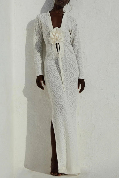 Sexy Flowers Slit V Neck Long Dresses