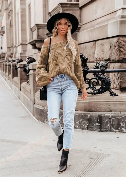 Cozy Vibes - Off-Shoulder Chunky Knit Sweater