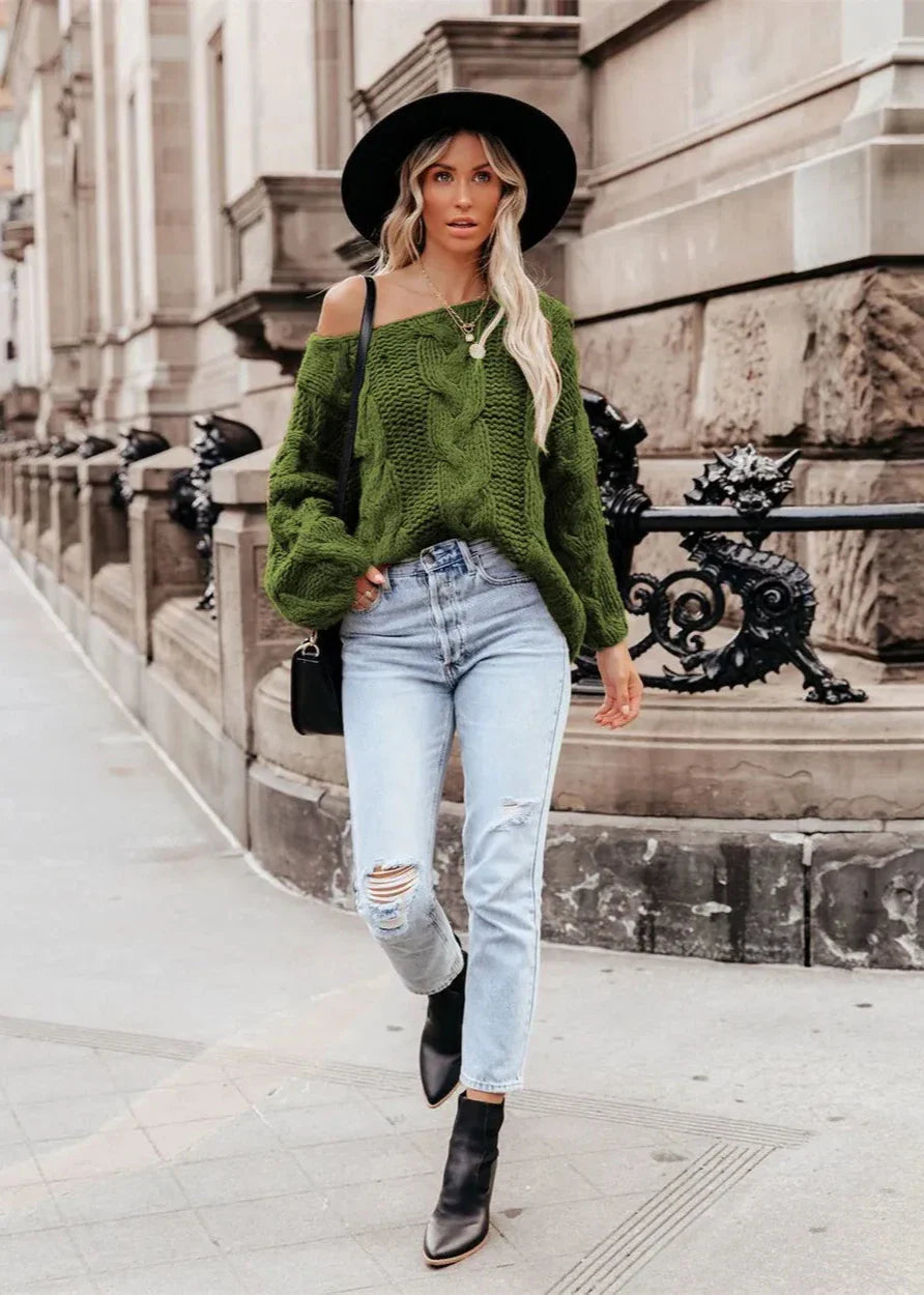Cozy Vibes - Off-Shoulder Chunky Knit Sweater