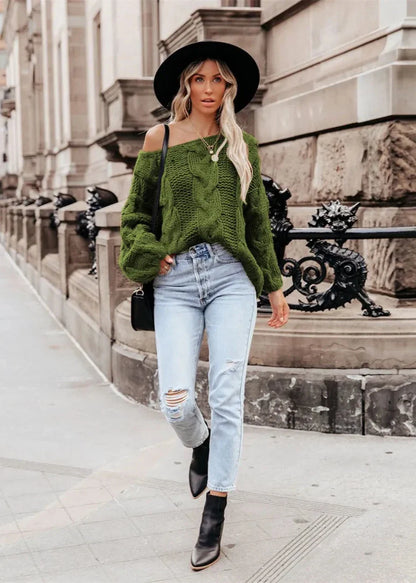 Cozy Vibes - Off-Shoulder Chunky Knit Sweater