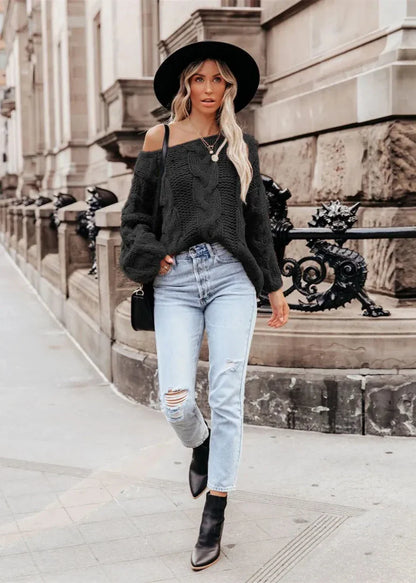 Cozy Vibes - Off-Shoulder Chunky Knit Sweater