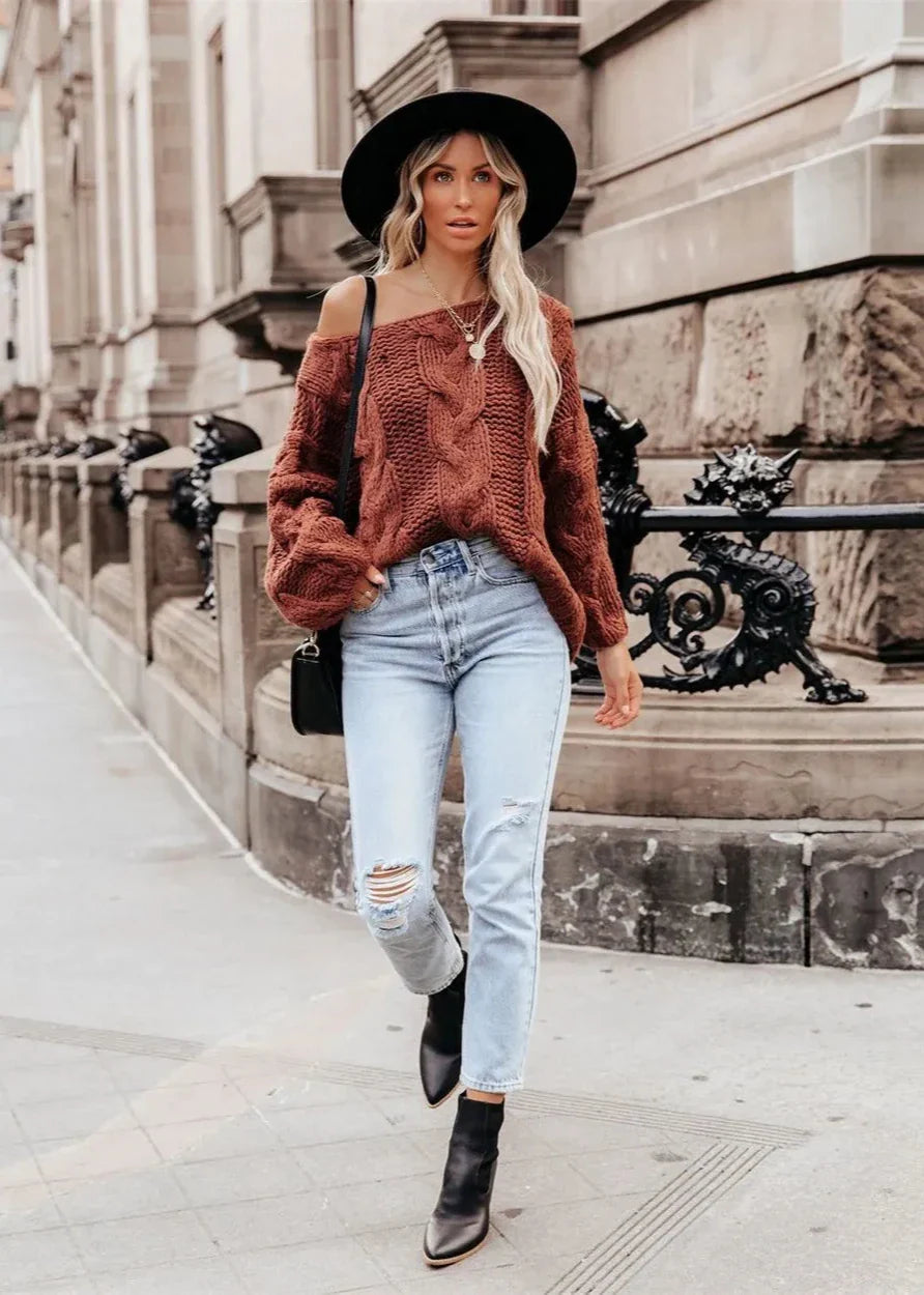 Cozy Vibes - Off-Shoulder Chunky Knit Sweater