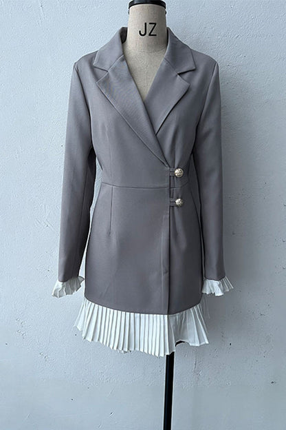 Elegant Buttons Pleated Contrast Turn-back Collar Suit Dresses