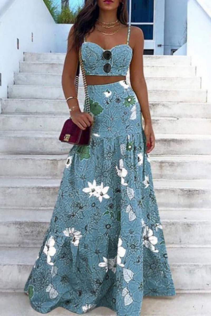 Sexy Floral Print Backless Spaghetti Strap Sleeveless Two Pieces(3 Colors)