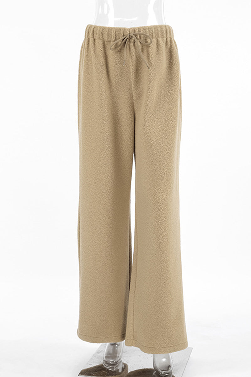 Casual Street Pocket Lace Up Fluffy Loose High Waist Wide Leg Bottoms