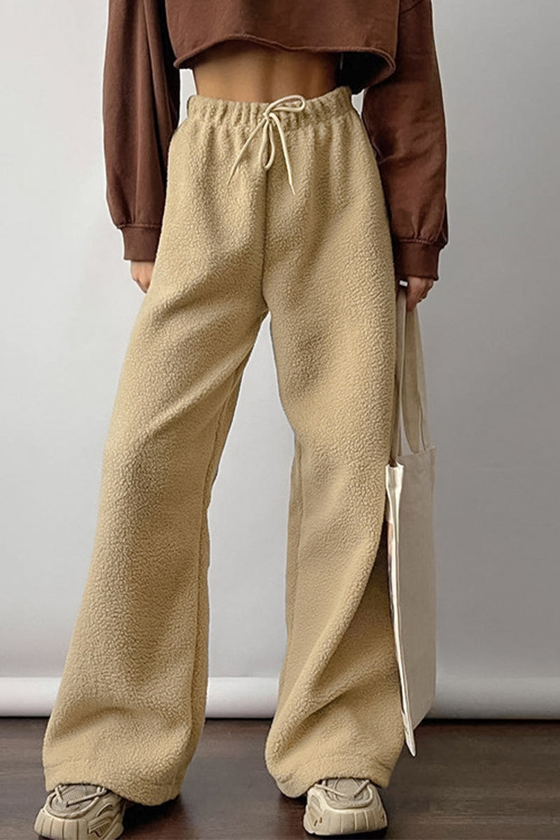 Casual Street Pocket Lace Up Fluffy Loose High Waist Wide Leg Bottoms
