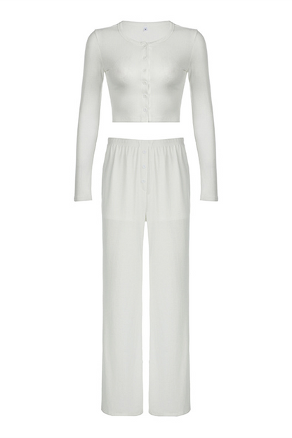 Casual Daily Hollow Out Buttons O Neck Long Sleeve Two Pieces