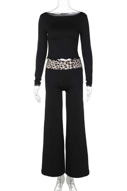 Casual Leopard Print Patchwork Off Shoulder Long Sleeve Two Pieces