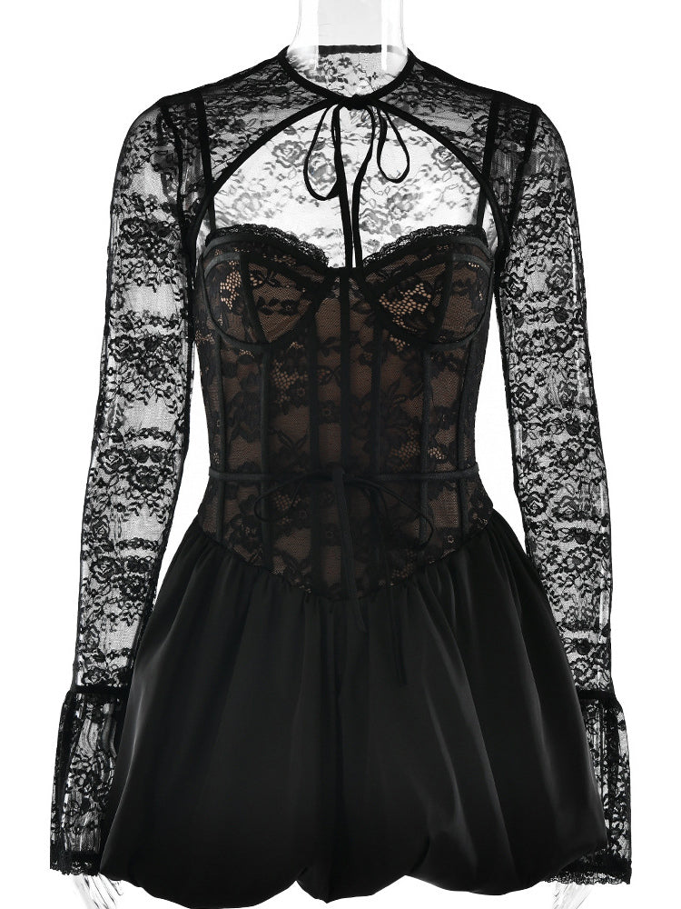 Black Lace Corset Dress With Detachable Bolero Birthday Party Puffball Mini Dress For Women 2026