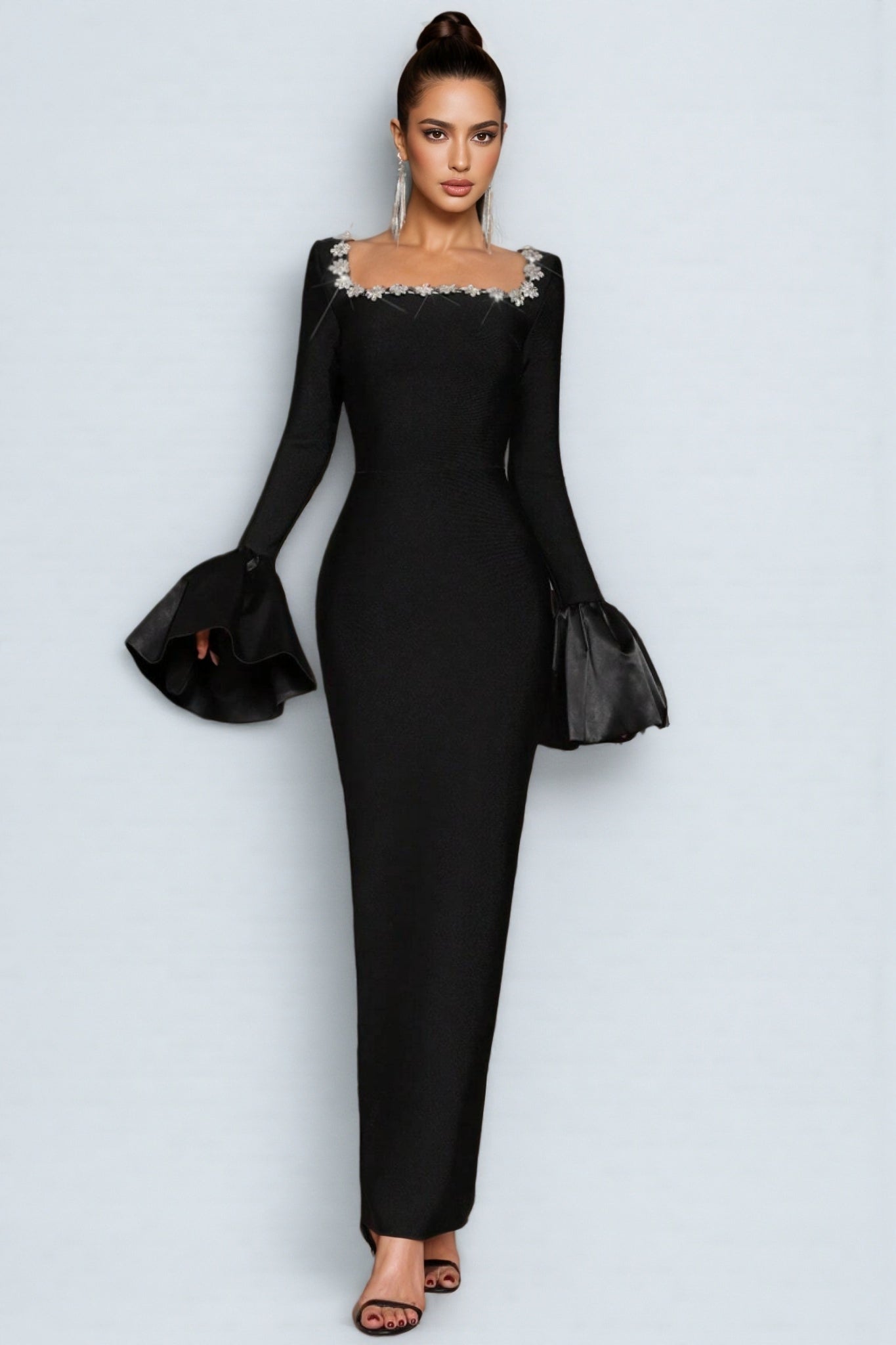 Marcen Studded Flared Sleeve Maxi Dress