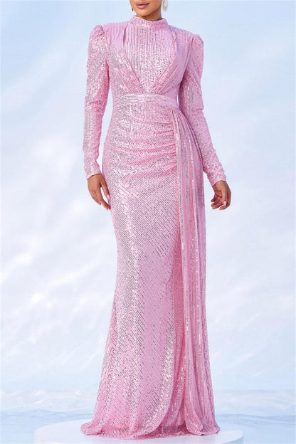 Formal Solid Color Sequins Patchwork Ruched Half A Turtleneck Long Dresses