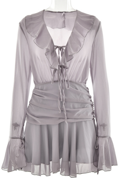 Sexy Lace Up Ruffle Ruched V Neck A Line Dresses